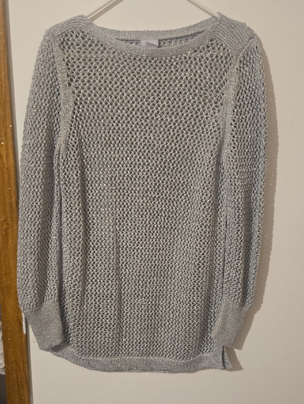 🧁Chico's Silver Open-Knit Lightweight Crew Sweater